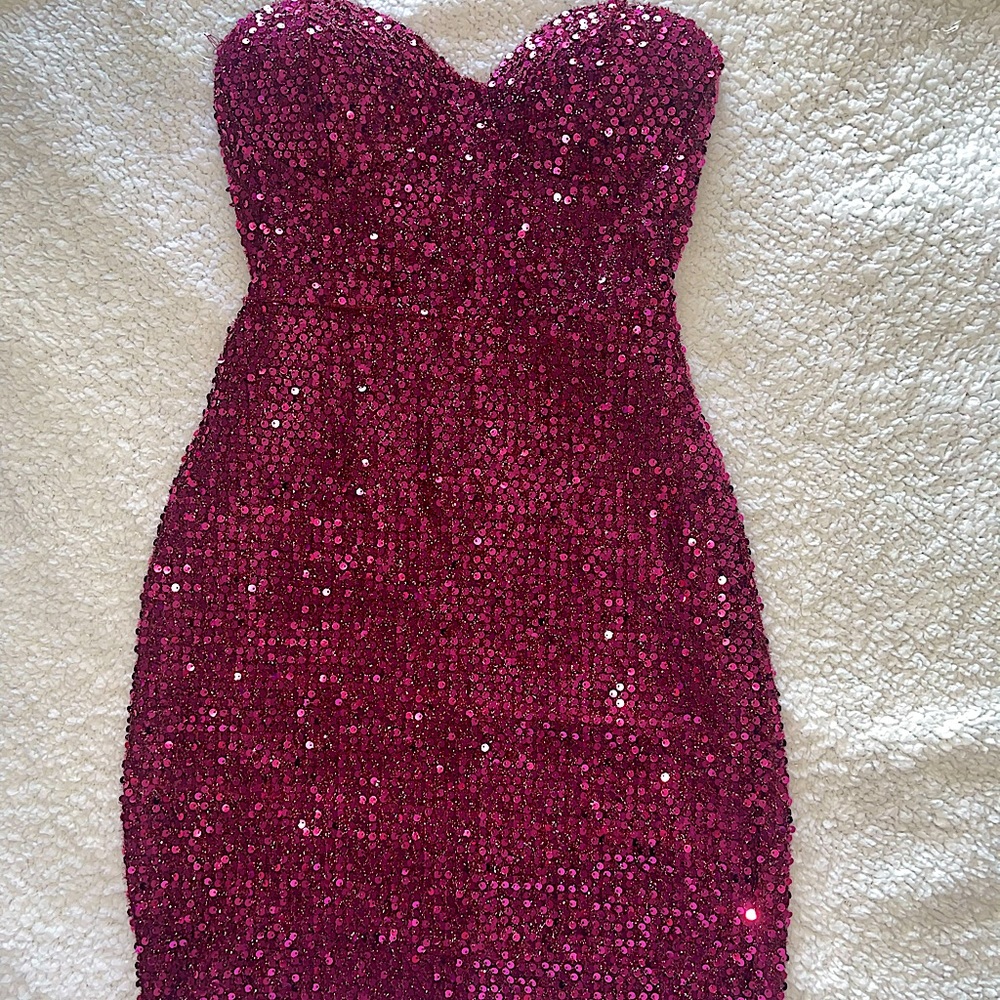 Plum colored mini, body-con sparkle dress